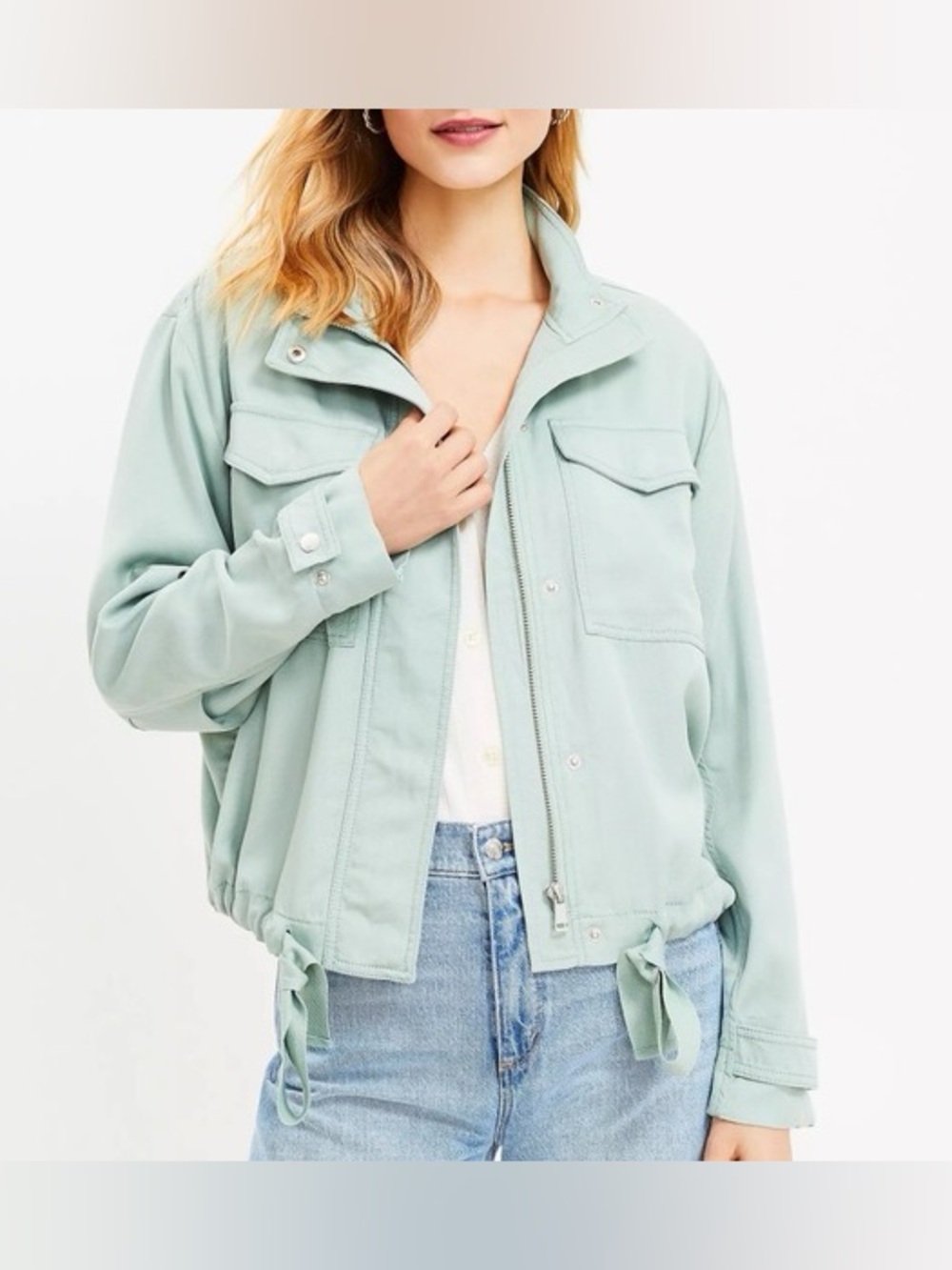 LOFT Mint Green Utility Jacket with Drawstring Hem Lightweight Lyocell